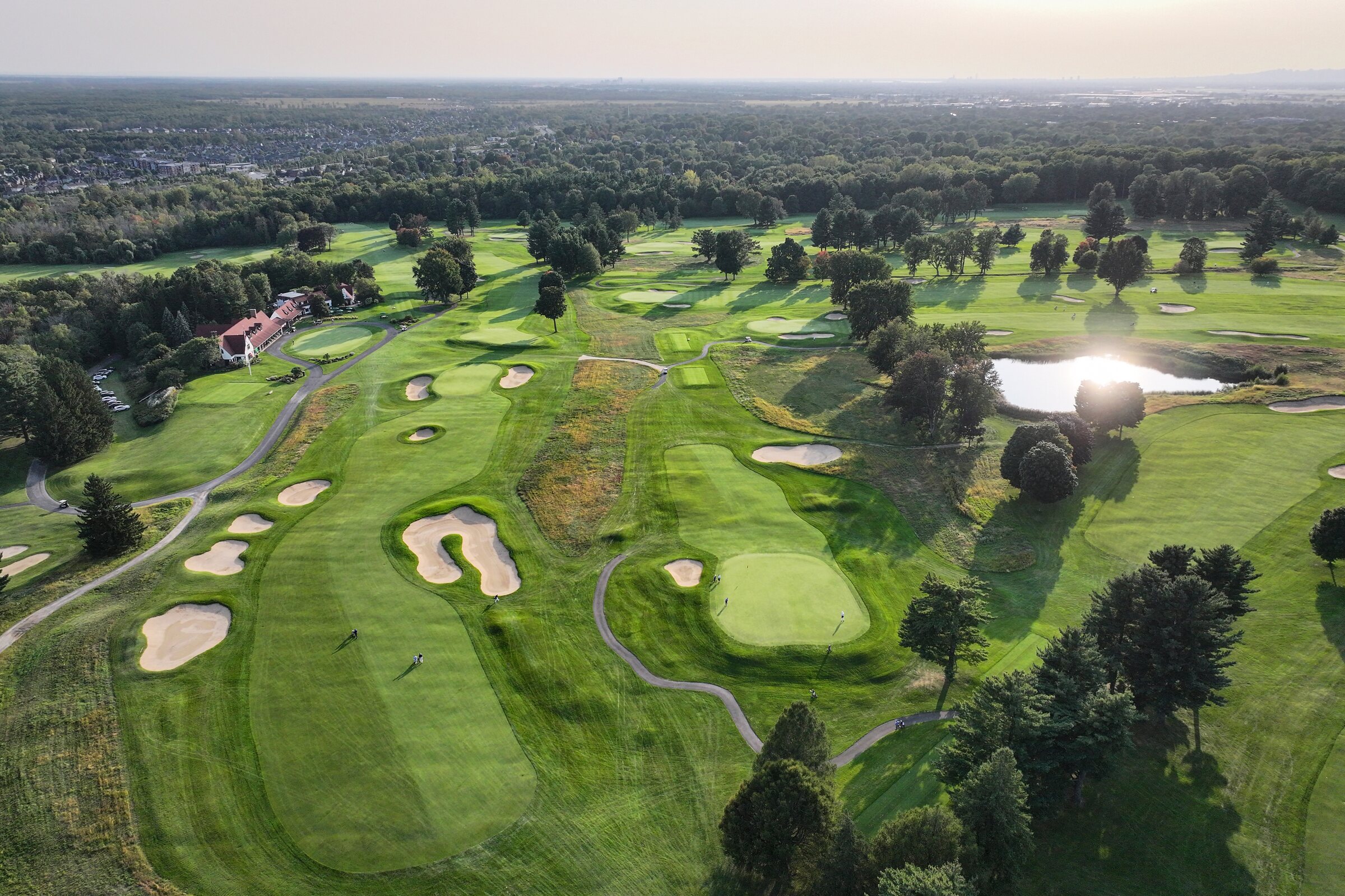 Aerial view of the golf course in the evening light